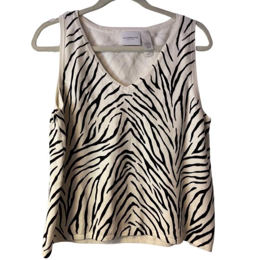 LIZ CLAIBORNE Women's Sweater Tank Top Zebra Print‎ V Neck Black White size L
